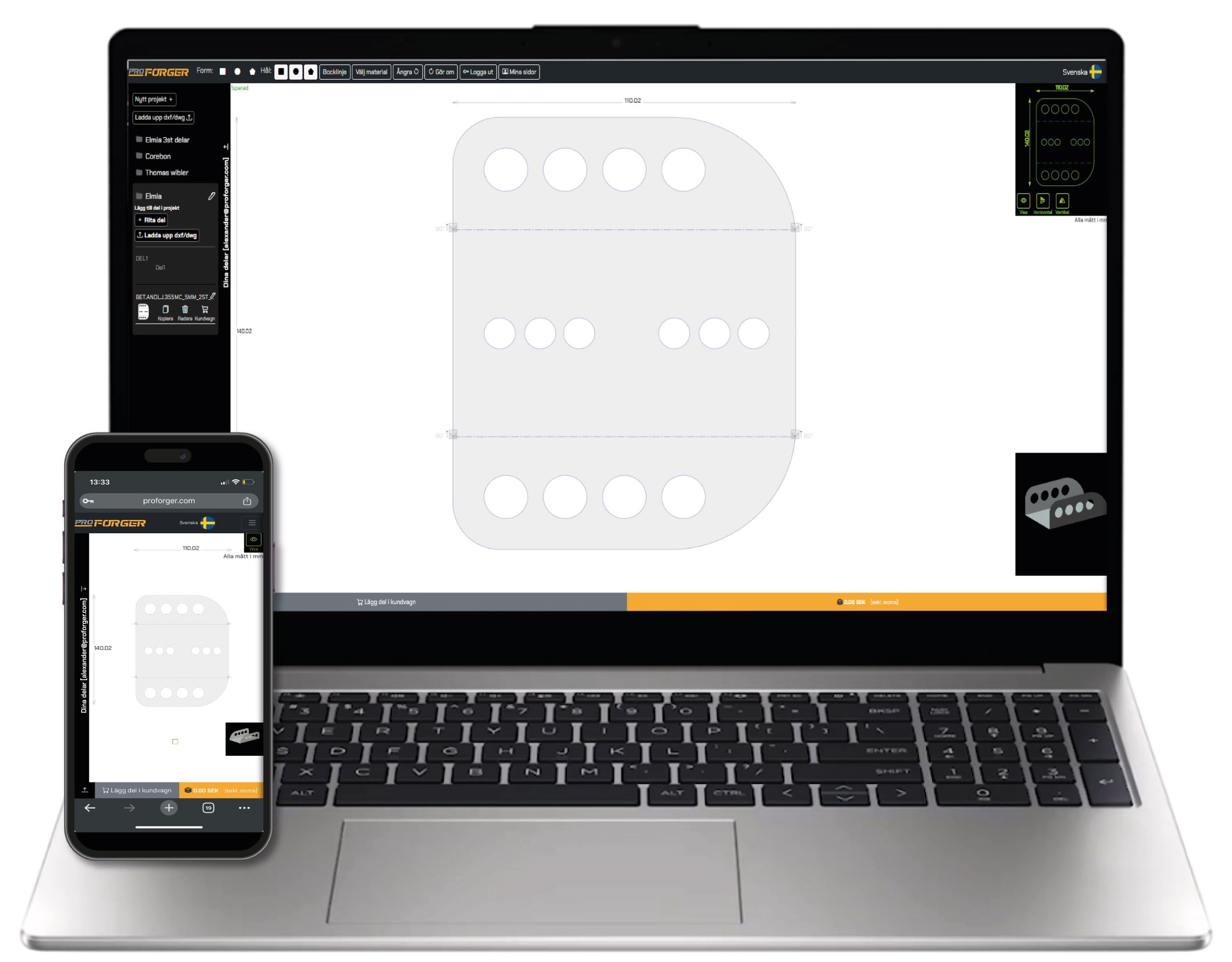 computer and phone using the proforger tool to upload a file for lasercutting steel